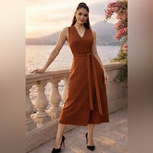 MANGO NWT Rust Tie Front Overlap Knit Midi Dress S - Beautiful Knit!